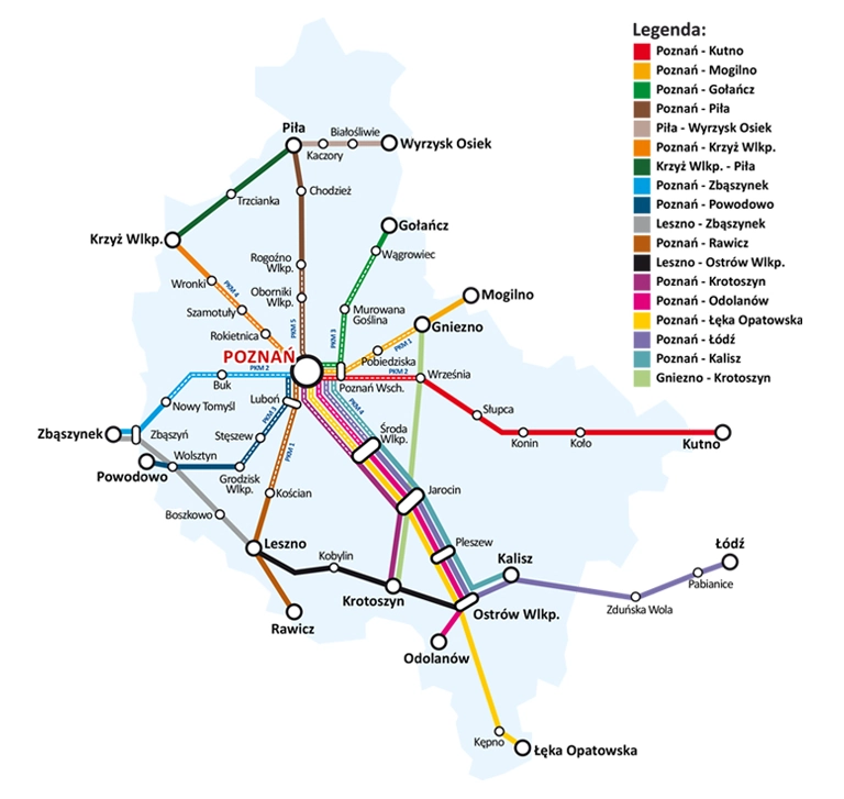 mapa połączeń Koleje Wielkopolskie