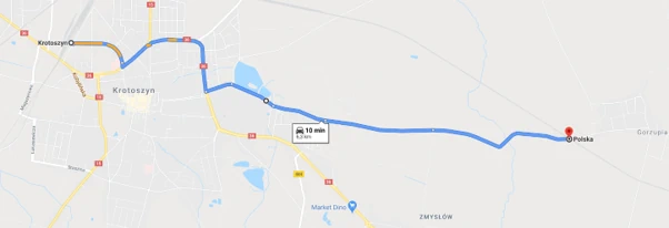 Trasa przejazdu autobusu ZKA w relacji Krotoszyn PKP – Gorzupia PKP – Gorzupia
